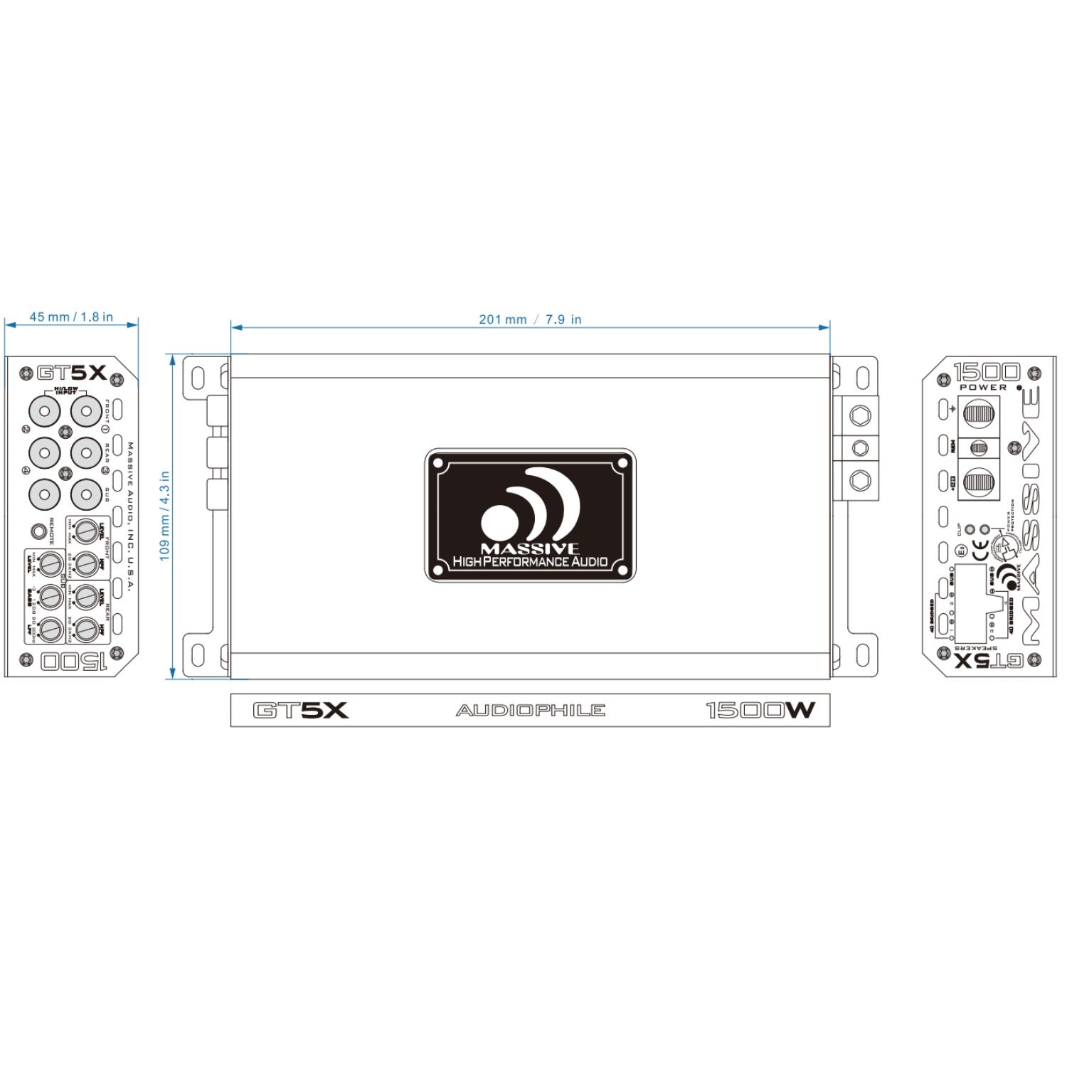 GT5X - 115 Watts RMS x 4 @ 2 Ohm + 510 Watts @ 1 Ohm 5-CH Amplifier