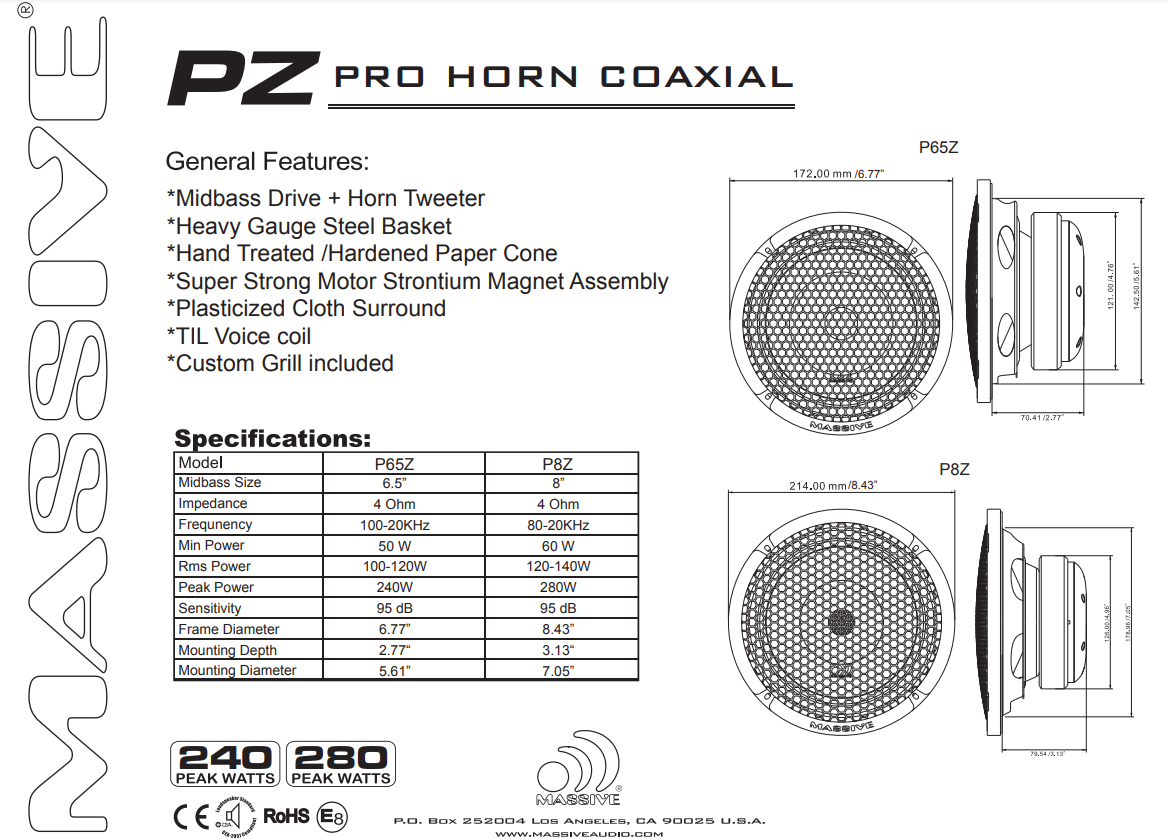 P65Z - 6.5" 4 Ohm Mid-Bass Pro Audio Coaxial Speaker With Grill - 120 Watts RMS (SOLD AS EACH)